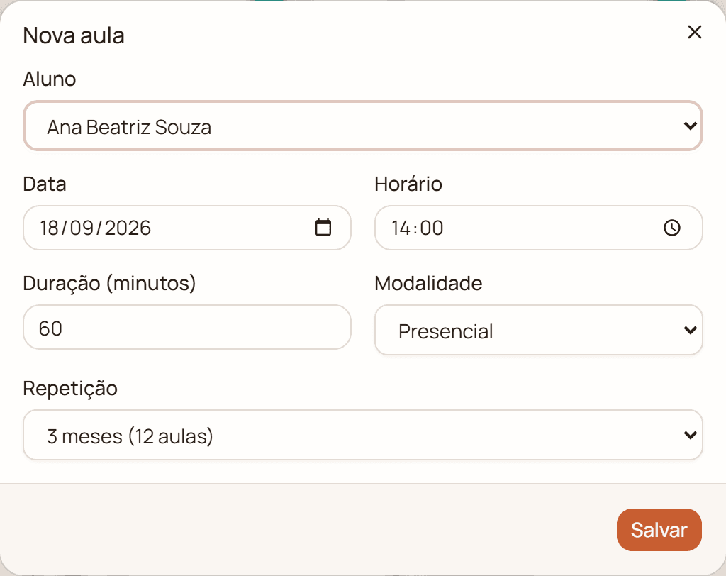 Formulário de nova aula, com aluno, data, horário, duração, modalidade e o campo de repetição
