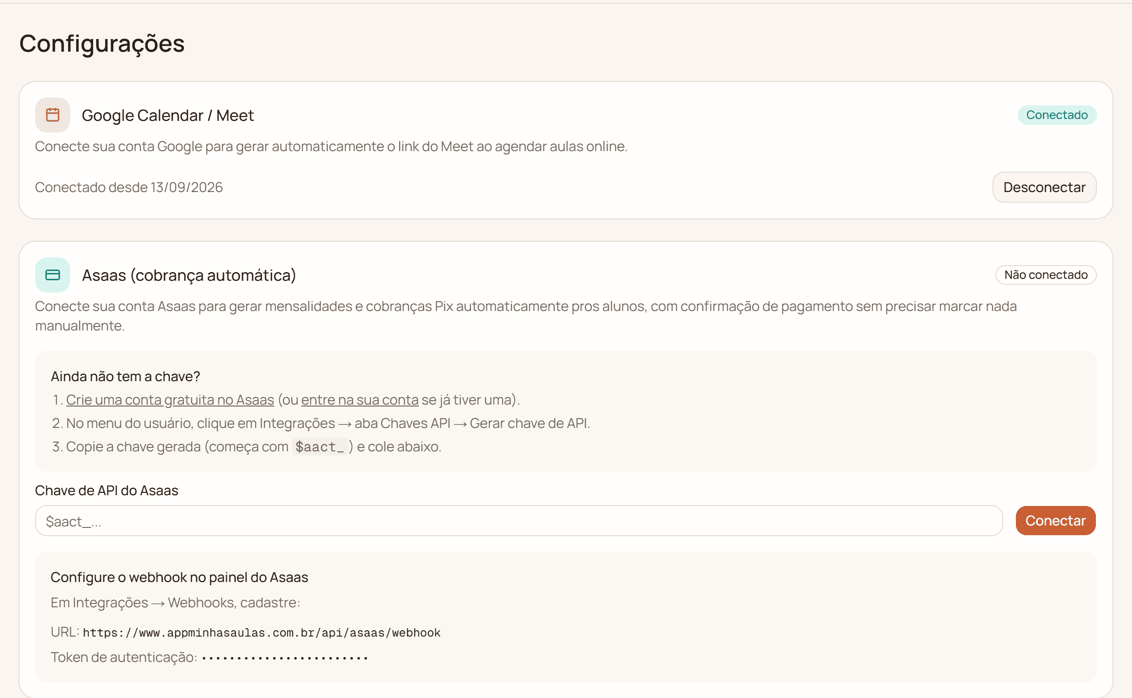 Tela de Configurações com os cartões de Google Calendar e Asaas