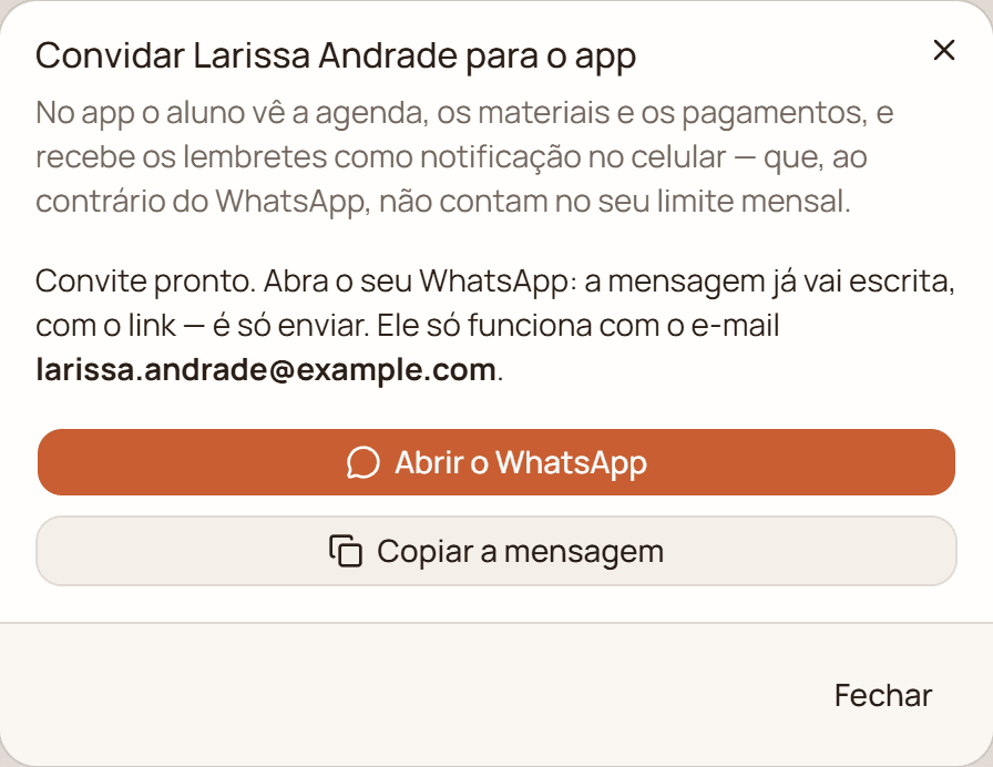 Convite pronto, com os botões Abrir o WhatsApp e Copiar a mensagem