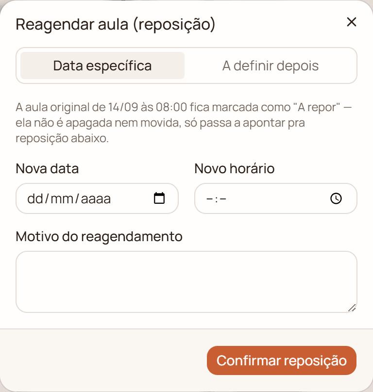 Diálogo de reagendamento, com as abas Data específica e A definir depois