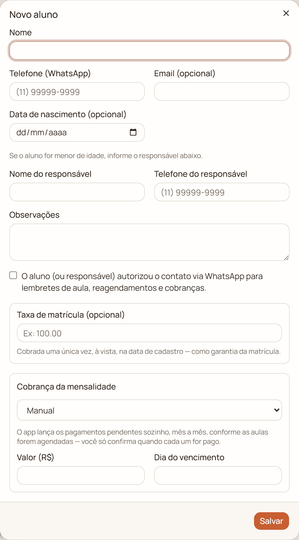 Formulário de novo aluno, com nome, telefone, responsável, taxa de matrícula e o bloco de cobrança da mensalidade