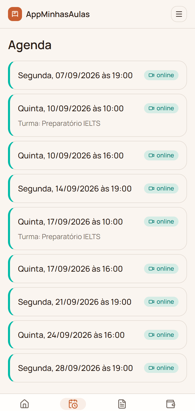 Portal do aluno no celular, mostrando as próximas aulas