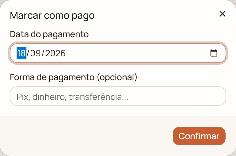 Diálogo Marcar como pago, com data do pagamento e forma de pagamento